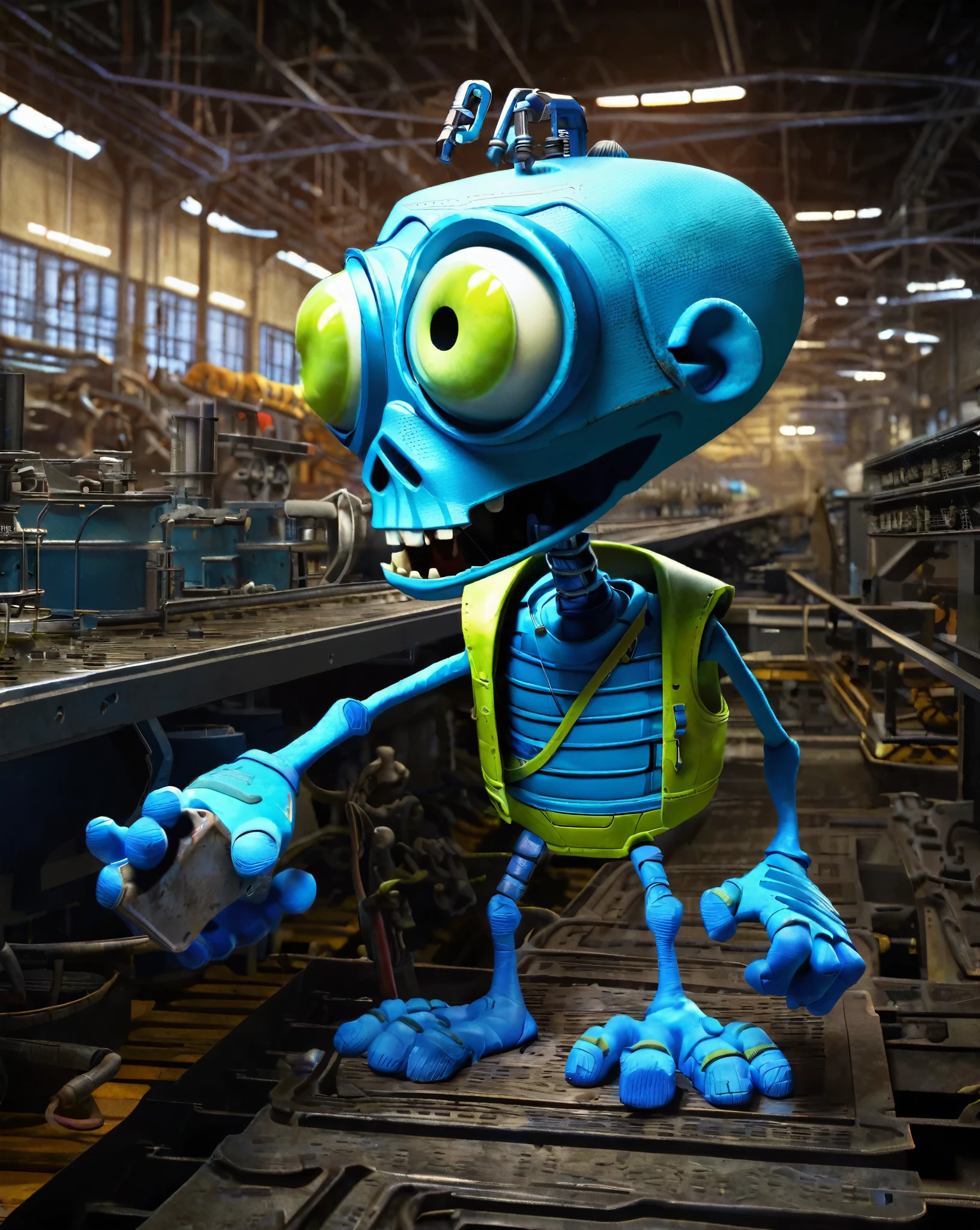 best quality,masterpiece,3d,art by pixar,cybermutant,a cartoon zombie in a factory,