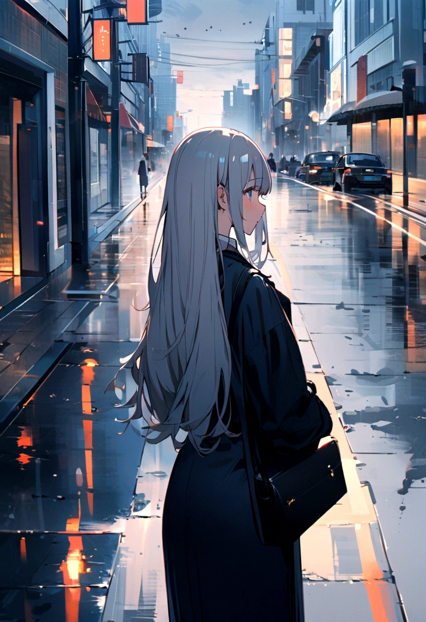 Grey Sky、Cityscape with open light-colored umbrellas、Puddle reflecting on asphalt road、Gray Hair、Long Hair、Back view、Girl in modern clothes