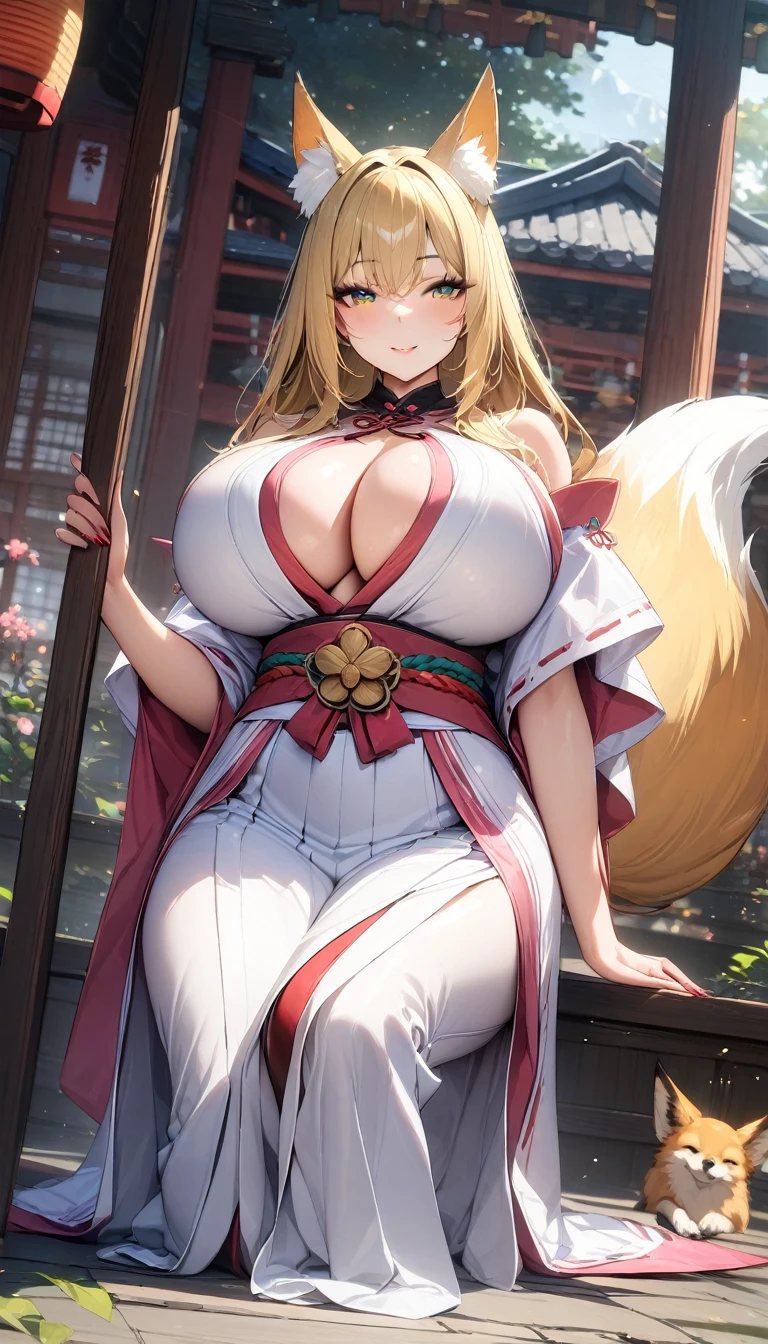 ((最high quality, 8k, masterpiece)), High resolution、(high quality: 1.5)、Very detailed、Detailed face、Bright colors、Natural light、Fine grain、Colorful eyes、Beautiful Face、非常にDetailed faceのテクスチャの女性,masterpiece, 最high quality, Detailed and beautiful eyes,最high quality、Best image quality、masterpiece,Shrine maiden,Big Breasts,,Shrine maiden服,hakama,shrine,Fox ears,Fox Tail,Solemn,Main God,Yellow Hair,Fox,mature female,smile,((22 years old、Just beautiful,masterpiece,最high quality、so beautiful,High resolution,1girl, solo,make up,smile,make,(masterpiece:1.2)、(最high quality:1.2)、Latest Glossy Skin