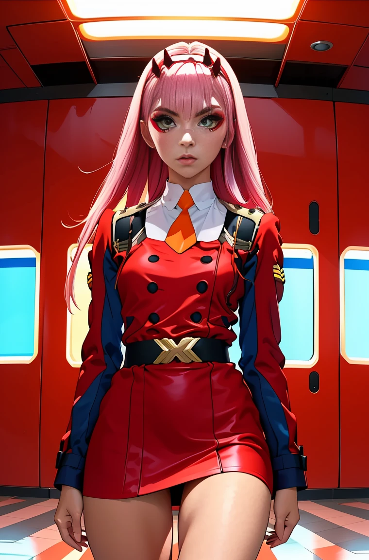 Zero-Two, Long straight and shiny pink hair, small white tiara with two small red horns, ((white tiara)), straight bangs cover the forehead, green eyes, mascara makeup, eyeshadow makeup, red military uniform with gold metal details on the shoulders, small story black with gold metal detail on the double buckle, white collar with small orange tie, six black buttons, three on each side on the front of the uniform, long red sleeves with black detail, , ((red skirt)), red skirt on top in black tight pants, inside a futuristic room with white neon lighting, agers in the background.