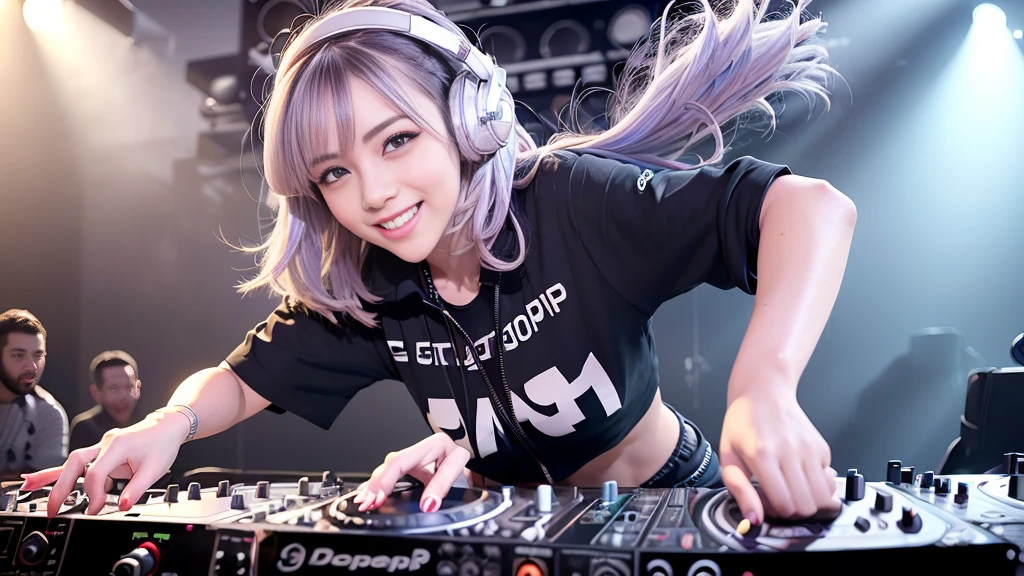 (ultra - detailed, 16K resolution, Cinema lenses, rendering by octane), (high resolution:1.18), intricate detail, (masterpiece:1.1), (highest quality:1.1), (1girl, portrait, white hair, blue eyes, short hair, detailed eyes),Wearing silver DJ headphones, Shiny silver sequined T-shirt, (Iconic hip-hop pop costumes:1.3), Smile while DJing on stage, full body shot of, The spotlight shines on the female DJ. Photorealistic photography by Disco Lighting, (cute round face:1.3), perfect fingers, five fingers, beautiful hands, perfect hands. master peace, cute smile.