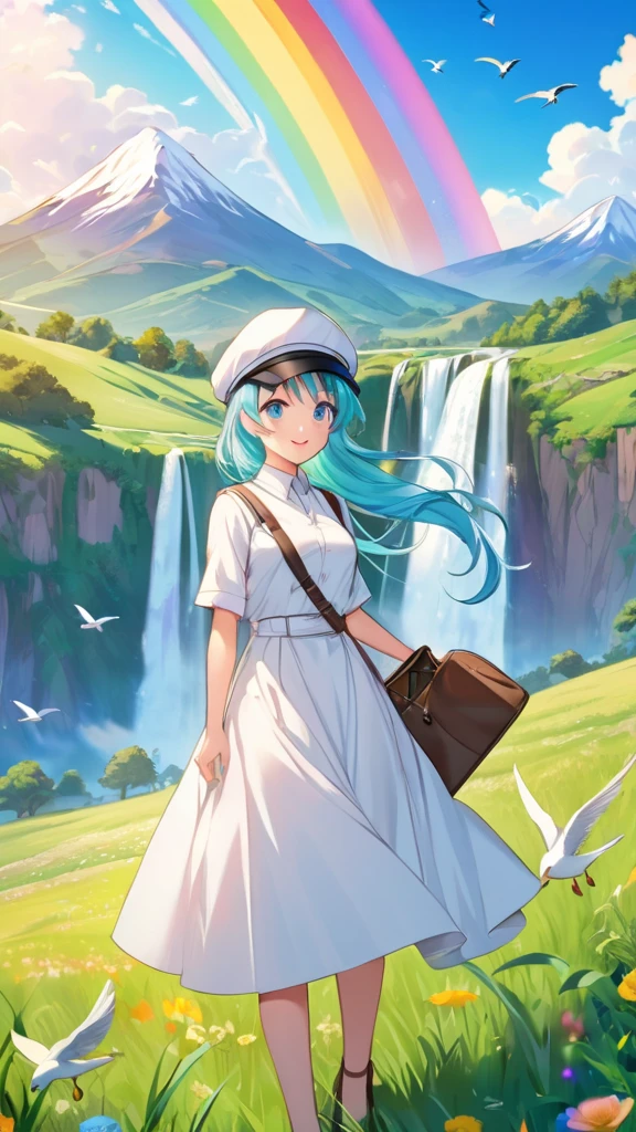 Female, woman, mature, Beautiful, Humble, Kind, long hair upper waist Stright Braided Hairstyles, Aqua blue pupil eyes colour, bright cyan Hairs, leather white wear Newsboy Cap, white dress flowing with skirt, Painting mountains with a waterfall and a rainbow, filled with many birds flying on canvas, open grassland background in the morning. Anime style, vivid colours.