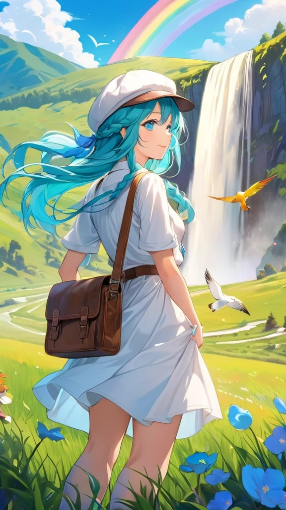 Female, woman, mature, Beautiful, Humble, Kind, long hair upper waist Stright Braided Hairstyles, Aqua blue pupil eyes colour, bright cyan Hairs, leather white wear Newsboy Cap, white dress flowing with skirt, Painting mountains with a waterfall and a rainbow, filled with many birds flying on canvas, open grassland background in the morning. Anime style, vivid colours.