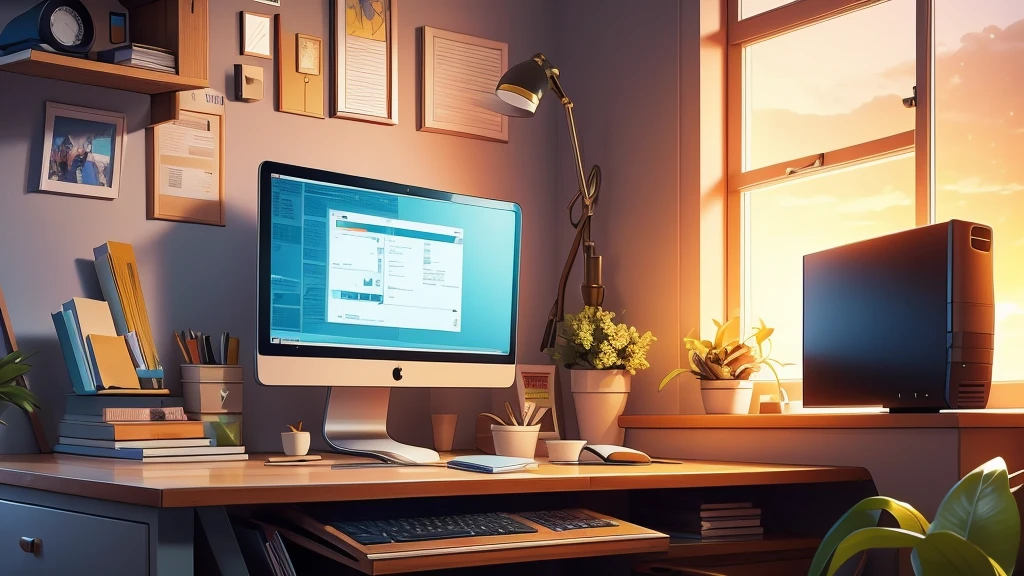 A desk cluttered with perfectly aligned reports and a computer screen displaying emails. The light should shift from afternoon to a dim, warm beige evening.