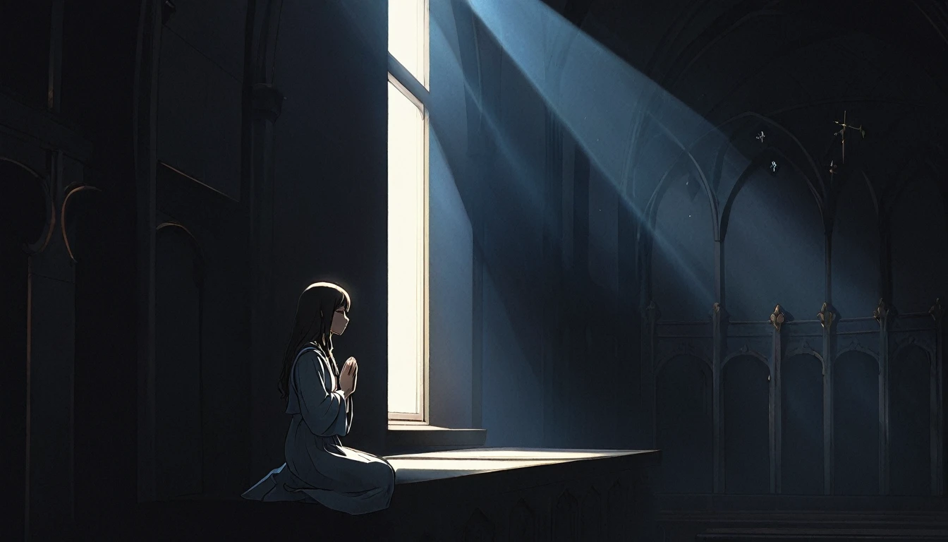 High definition animation. A girl is kneeling in a slightly dark church. The girl sees Jesus hanging on the wall and is praying with her hands together. One window. A half-body shot of a girl, side view. Light from the window illuminates the girl's face.