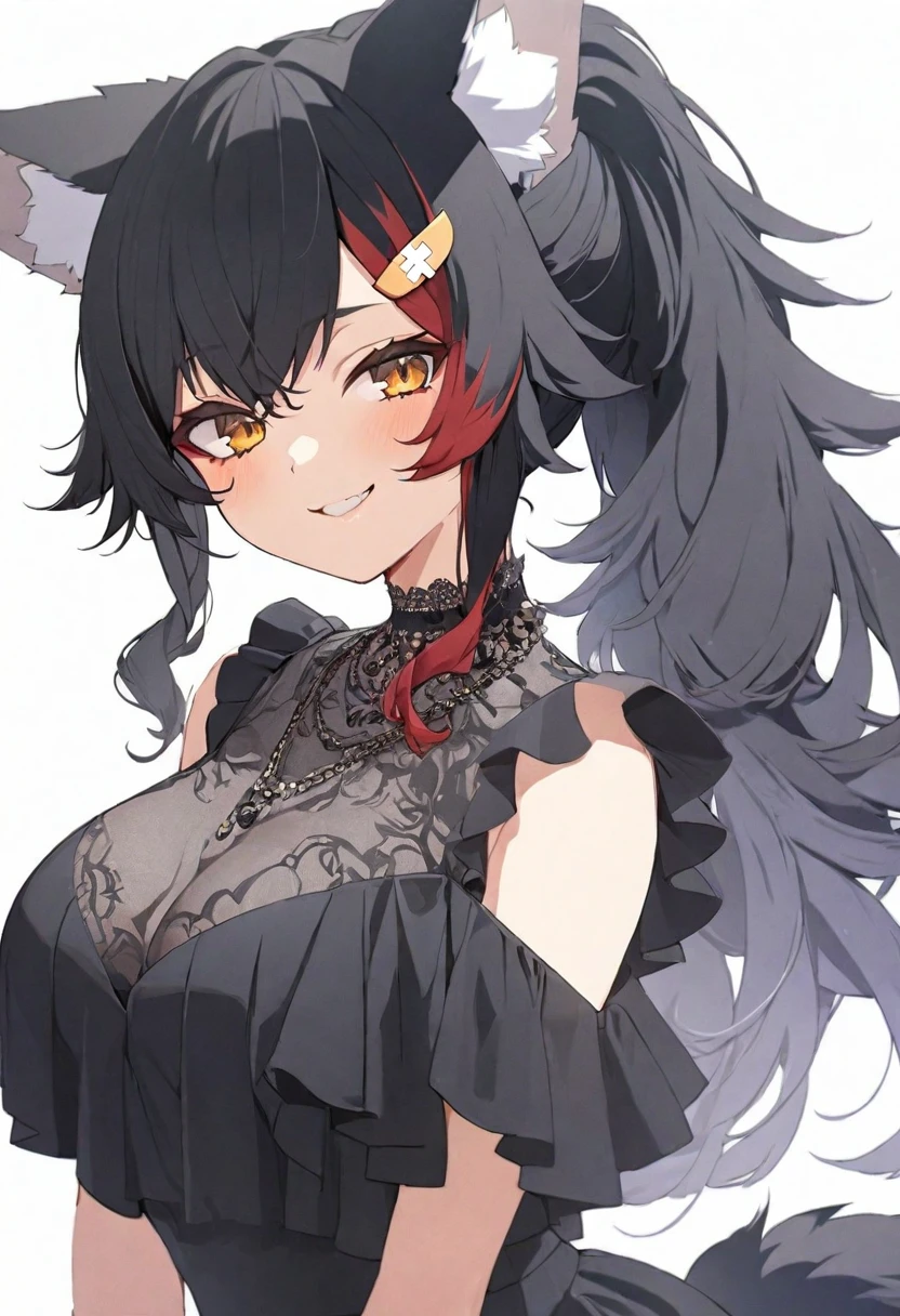 (masterpiece), (best quality), perfect face, beautiful girl, white background background, delicate and beautiful face and eyes, dark intense shadow,
1 girl, vtuber style, cool girl, hololive, Ookami Mio, wolf ears, wolf tail, black hair, black evening dress,Gorgeous evening dress Ruffles dress, lace, necklace, big chest, cropped shoulders, clavicle, winking, smile, body visible through clothes, chest visible through clothes, ass visible through thighs, High heel, (full body), looking at viewer, standing,