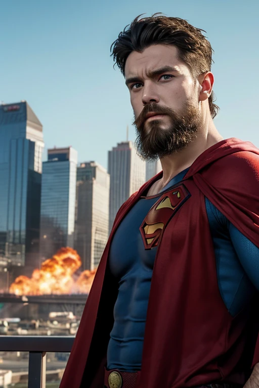 photo of handsome guy, 30yo, crisp clean lighting, (natural lighting:studio, lighting:0.5), sophisticated elegant mood, stained, highly detailed, found footage, masculine, full beard, facial hair, long beard, outdoors, chilling, relax, sunburn, caucasian, white man, european man, full long beard, morning time, broad shoulders, film velvia, (realistic), anger face, cape, (superman:1), blue eyes, muscular body, screaming face, full beard, city background, (blood on face), bloody slit around, joshhutcherson person, gloves, (full beard), fire aura explosion,