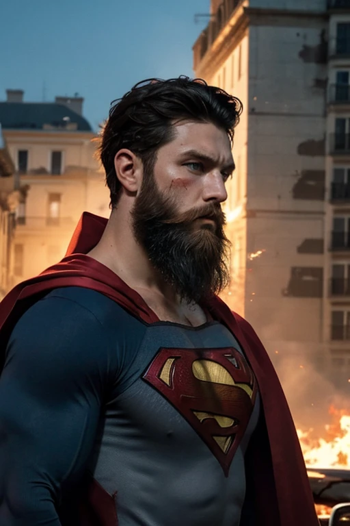 photo of handsome guy, 30yo, crisp clean lighting, (natural lighting:studio, lighting:0.5), sophisticated elegant mood, stained, highly detailed, found footage, masculine, full beard, facial hair, long beard, outdoors, chilling, relax, sunburn, caucasian, white man, european man, full long beard, morning time, broad shoulders, film velvia, (realistic), anger face, cape, (superman:1), blue eyes, muscular body, screaming face, full beard, city background, (blood on face), bloody slit around, joshhutcherson person, gloves, (full beard), fire aura explosion,