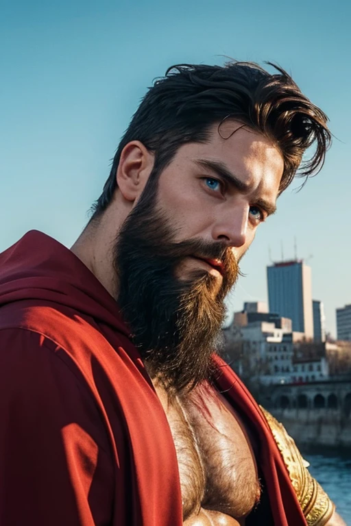 photo of handsome guy, 30yo, crisp clean lighting, (natural lighting:studio, lighting:0.5), sophisticated elegant mood, stained, highly detailed, found footage, masculine, full beard, facial hair, long beard, outdoors, chilling, relax, sunburn, caucasian, white man, european man, full long beard, morning time, broad shoulders, film velvia, (realistic), anger face, cape, (superman:1), blue eyes, muscular body, screaming face, full beard, city background, (blood on face), bloody slit around, joshhutcherson person, gloves, (full beard), fire aura explosion,