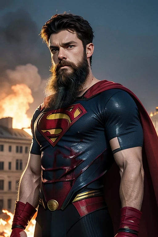 photo of handsome guy, 30yo, crisp clean lighting, (natural lighting:studio, lighting:0.5), sophisticated elegant mood, stained, highly detailed, found footage, masculine, full beard, facial hair, long beard, outdoors, chilling, relax, sunburn, caucasian, white man, european man, full long beard, morning time, broad shoulders, film velvia, (realistic), anger face, cape, (superman:1), blue eyes, muscular body, screaming face, full beard, city background, (blood on face), bloody slit around, joshhutcherson person, gloves, (full beard), fire aura explosion,