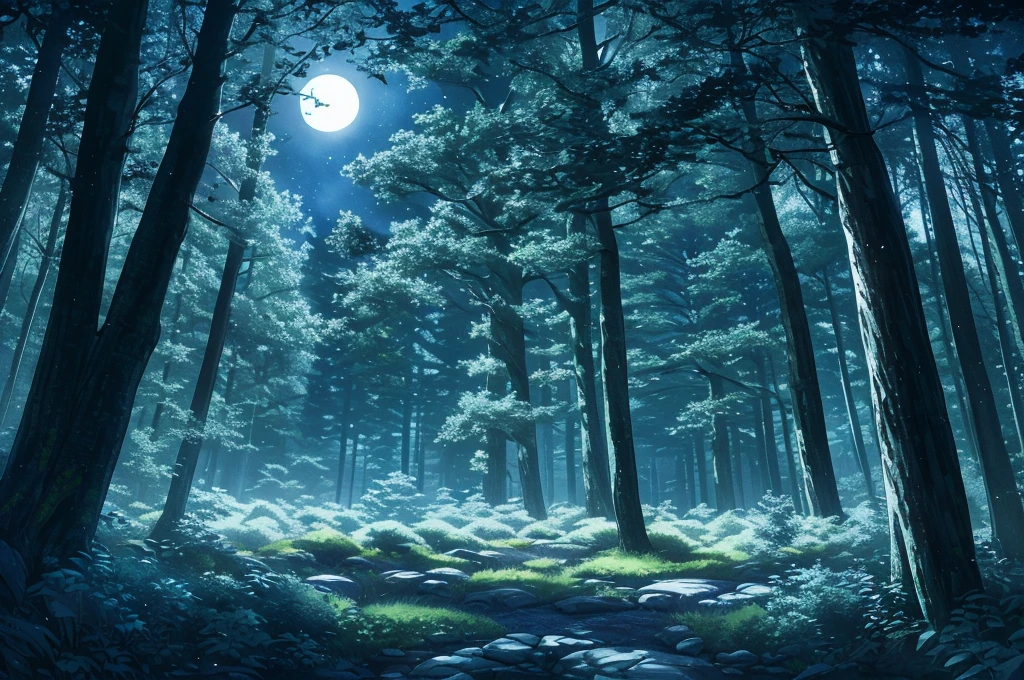a beautiful clear night forest with a full moon in the sky, many detailed trees, lush foliage, moody lighting, serene atmosphere, highly detailed, 8k, photorealistic, dramatic lighting, cinematic, fantasy, mystical, ethereal, glowing moon, stars in the sky, moonlight shining through the trees, beautiful nature landscape