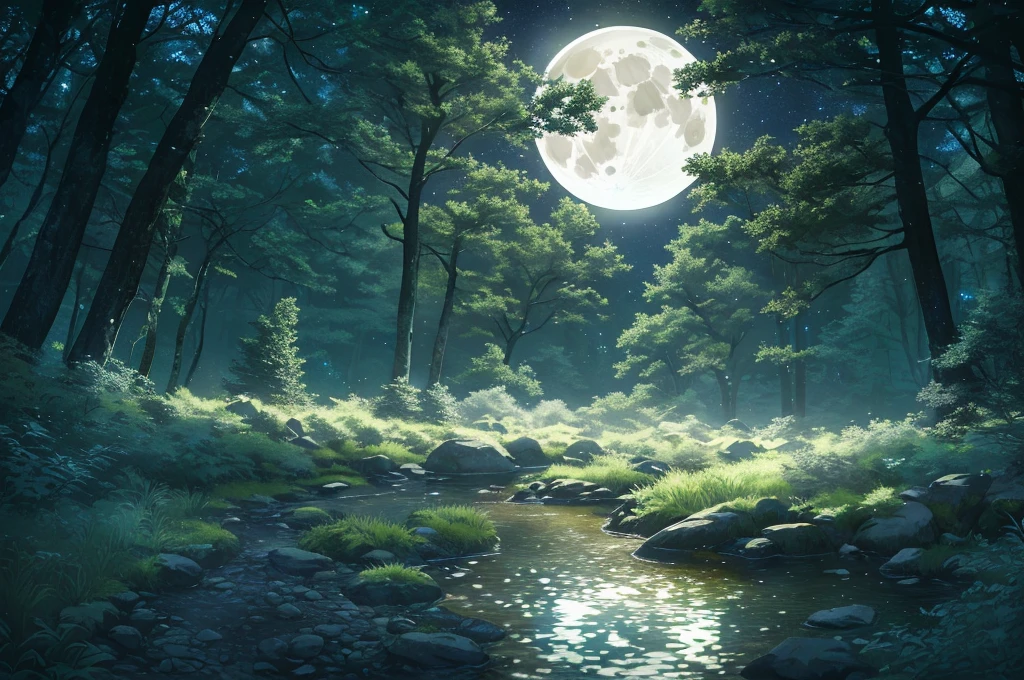 a beautiful clear night forest with a full moon in the sky, many detailed trees, lush foliage, moody lighting, serene atmosphere, highly detailed, 8k, photorealistic, dramatic lighting, cinematic, fantasy, mystical, ethereal, glowing moon, stars in the sky, moonlight shining through the trees, beautiful nature landscape