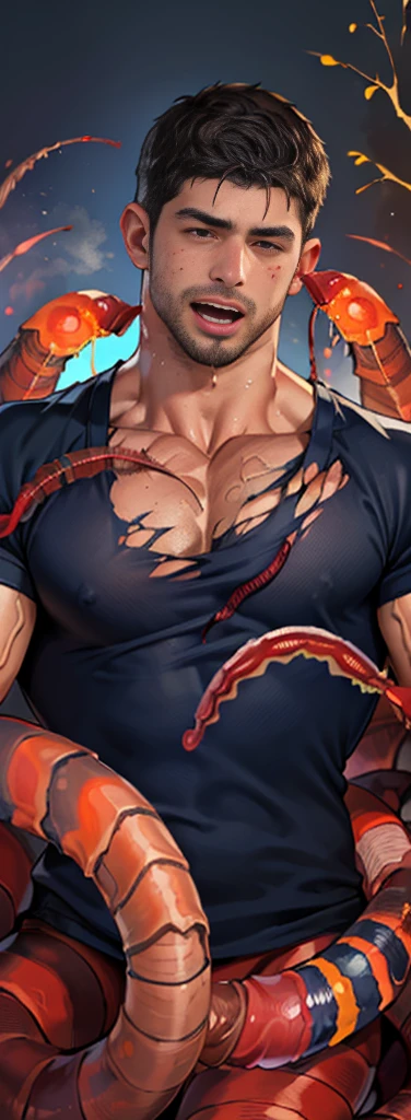 (NSFW: 1.5),(Create a masterpiece: 1.2),(CGI art:1.3),(realistic:1.5),(After processing:1.3),(Sharp focus:1.3), (man Fight:1.5) , shoot guns, (join in battle:1.5 ), (Close your eyes.), Open mouth, show teeth, , straight, front ,Chris Redfield ,(black hair), smile open mouth, (Wear color navy round neck T-shirt: 1.5), (with a Police badge: 1.2), navy cargo, (Torn shirt:1.4), (wound: 1.3) , (blood splatters) ,( abrasions on face: 1.2), (Blood stains on the face and body: 1.2), Korean guy , korean men, (High gloss details), chest muscles, large arm muscles, blood vessel, Big muscles, Broad shoulders, looking at the audience, Balancing the eyes, Jail for rent , (genital very long big : 1.5), (Big testicles), (Erection of the penis: 1.5), ,(Fire blazes behind),(Many leech worms:1.8) ,(open mouth:1.6)