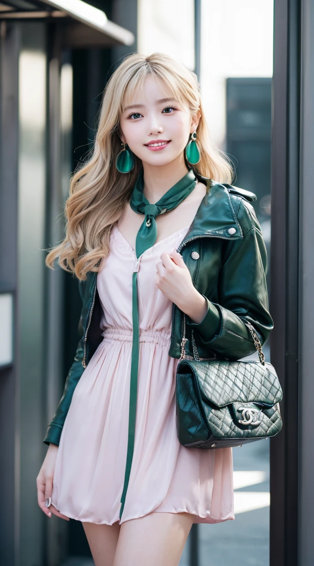 (best quality, masterpiece:1.3, Ultra-high resolution), (Very detailed, Caustic lines, 8K), (Reality:1.4, RAW Shooting), 1 girl, (Smiling and looking at the camera), 20 years old, Lovely, Japanese, (Long blonde hair), (Tie your hair up), Natural lips, (Wearing a short pink satin dress,Plus a jacket and hot pants, With a gray-green bag, Wear thin), (Wearing Chanel Étoile Filante earrings), (Wearing Chanel's coco crush necklace), The perfect necklace, (Perfect earrings), cleveage, (Tokyo streets at night), Chest close-up, Face Focus, Natural light, Backlight, (A bright light shines from above), (lens flare), Professional Writing, Perfect body, Perfect Arms, Perfect fingers, Perfect legs, Perfect hair, Pores, Realistic skin texture, Perfect Teeth, (Low), (Low Angle), whole body