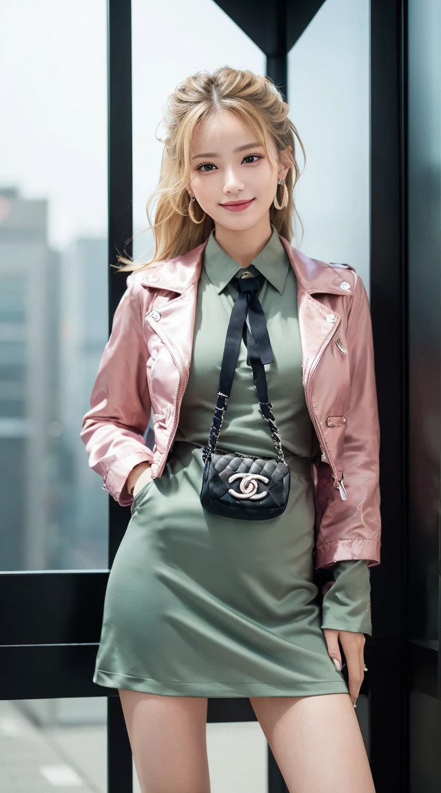 (best quality, masterpiece:1.3, Ultra-high resolution), (Very detailed, Caustic lines, 8K), (Reality:1.4, RAW Shooting), 1 girl, (Smiling and looking at the camera), 20 years old, Lovely, Japanese, (Long blonde hair), (Tie your hair up), Natural lips, (Wearing a short pink satin dress，Plus a jacket and hot pants, With a gray-green bag, Wear thin), (Wearing Chanel Étoile Filante earrings), (Wearing Chanel&#39;s coco crush necklace), The perfect necklace, (Perfect earrings), cleveage, (Tokyo streets at night), Chest close-up, Face Focus, Natural light, Backlight, (A bright light shines from above), (lens flare), Professional Writing, Perfect body, Perfect Arms, Perfect fingers, Perfect legs, Perfect hair, Pores, Realistic skin texture, Perfect Teeth, (Low), (Low Angle), whole body