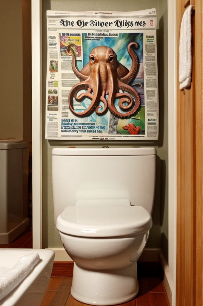 Octopus reading newspaper in toilet, octopus portrait, newspaper is an animal, toilet background is bathroom