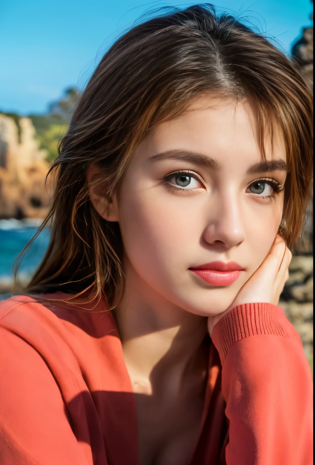 (best quality,4k,8k,highres,masterpiece:1.2),ultra-detailed,(Ultra-realistic, photorealistic,photo-realistic:1.37), 1 beautiful young Japanese Italian half model, 17yo, She's posing in a way that emphasizes her breasts, seductive pose, (sitting on coral coast in Australia:1.5), detailed eyes, high nose, blue eyes, delicate facial features, long eyelashes, peaceful expression, colorful dress, detailed folds and textures, Sparkling Waves, warm vibrant colors, cinematic lighting, 8k, high quality, photorealistic, studio lighting, detailed texture, vivid colors, toned body, detailed moist skin texture,