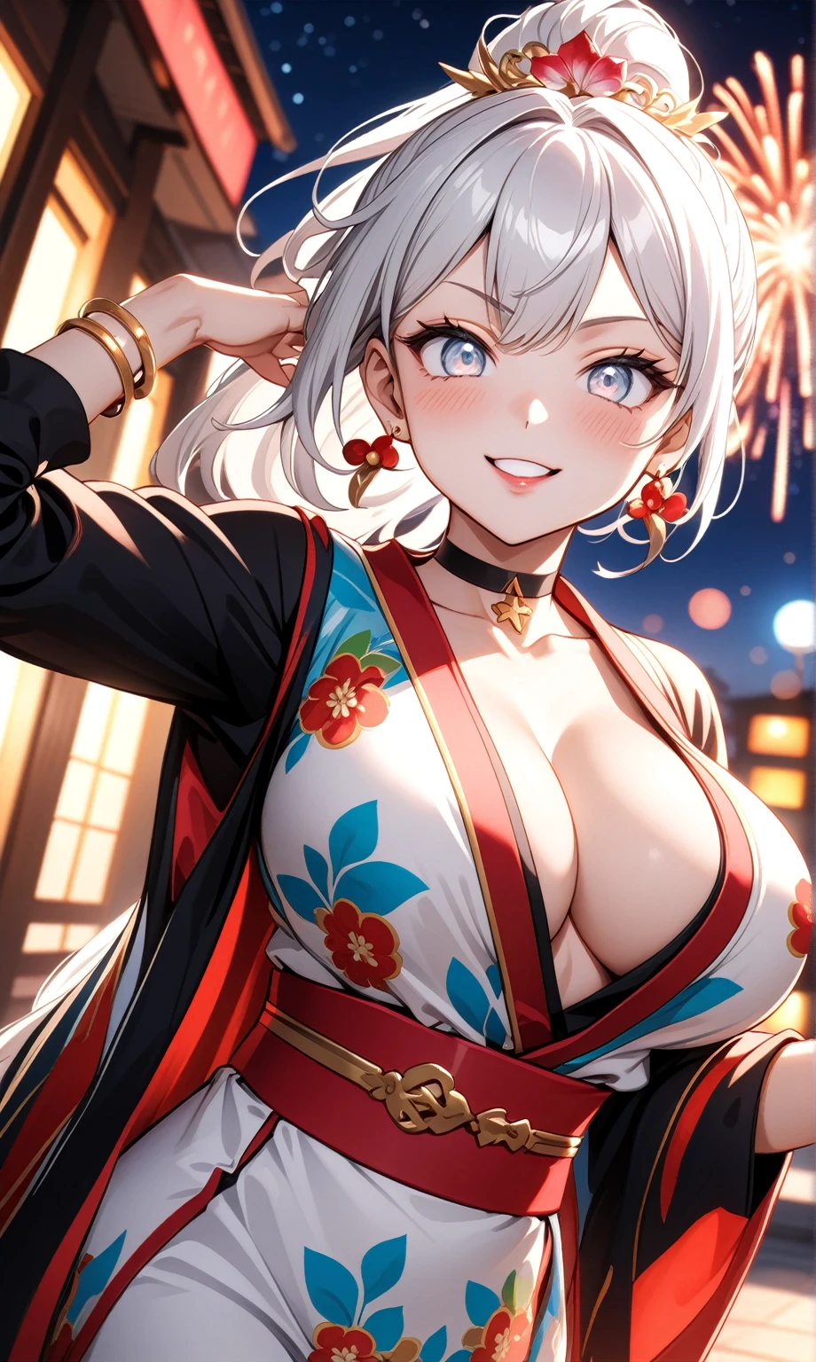 ((One personの女性)), Beautiful Face,Laughing shyly,((Wink:2.0)),Laugh with your mouth wide open((Bright red cheeks:1.4)),Glossy pink lips,night,rooftop,Festive decorations,You can see the ocean, firework,Laughing with your mouth open,Glossy pink lips,Lighting on the face,((Anime style background)),masterpiece, Highest quality, so beautiful,Latest, Complex details, (Pink long nails),(ring),(bracelet),(choker),AI-generated, Complex,High resolution, Highest quality, super high quality,3D Images、View your viewers、3D Images,One person,Long white hair,High Ponytail,(blue eyes),Anime woman posing for a photo, ((Fine grain、Silvery white colorful eyes、Shining Eyes:1.4)),(Squint your eyes:1.1),a hyperRealistic , hyperRealistic , Realistic,Anime woman with long and white hair, Smooth anime CG art, A woman in a colorful kimono with gold embroidery, (Black long sleeve kimono),Red floral pattern,Long flower hair ornament,Big earrings,Mature Body,(Big Breasts:1.1),Tall,Abdominal muscles,Narrow waist,(Zoom in on face:1.2),Shooting from below at an angle