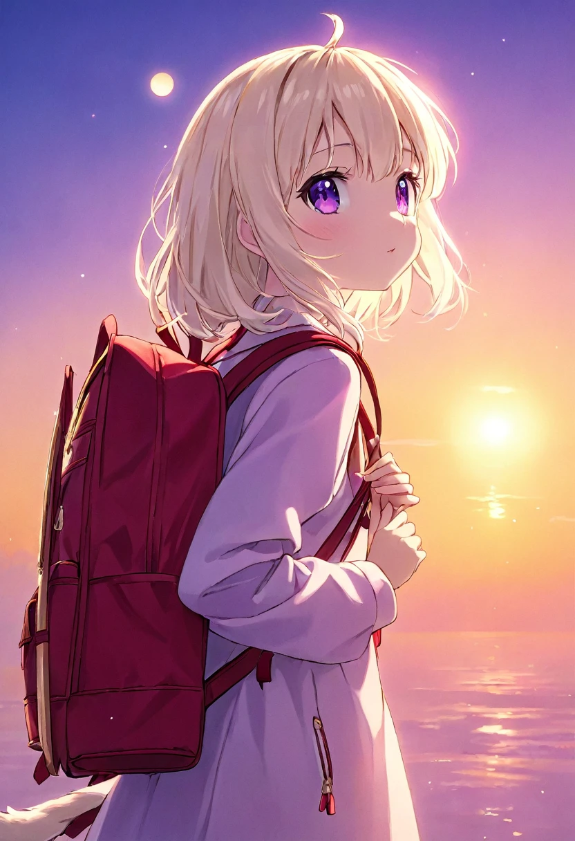 A  cat girl, beautiful detailed purple eyes, cream colored hair, Japanese , red backpack, high quality lighting, vibrant colors, soft lighting, golden hour lighting, magical realism, fantasy, anime style