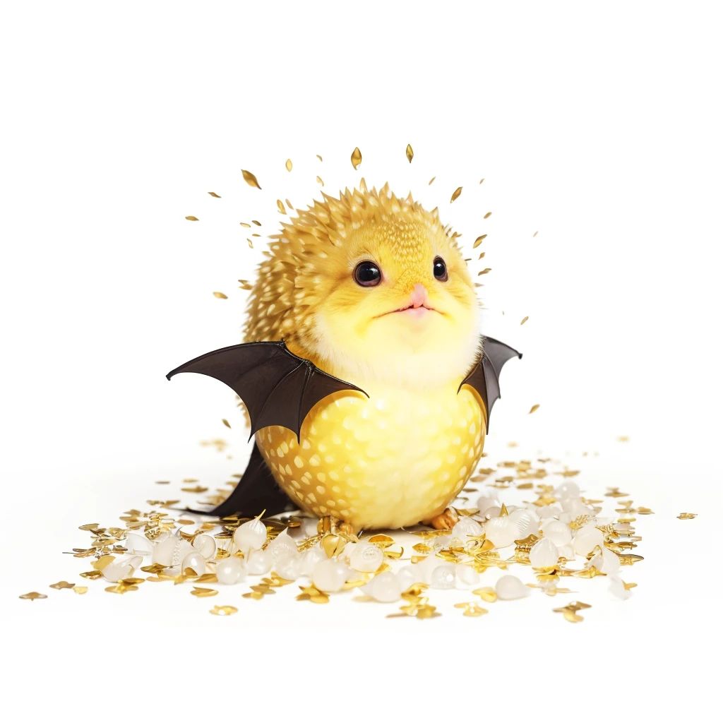 Small Animals, glow gold eyes, (his eyes gave off light), pufferfish mixed with bat, Grassroots, no background, has beard 