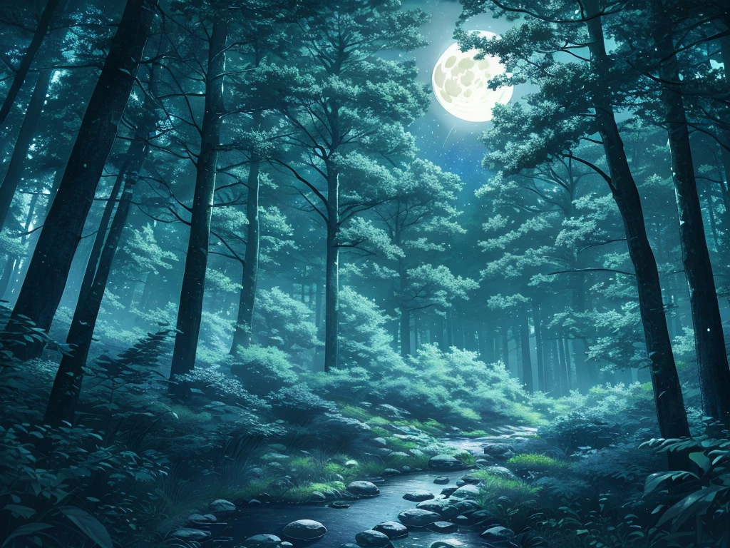 a beautiful clear night forest with a full moon in the sky, many detailed trees, lush foliage, moody lighting, serene atmosphere, highly detailed, 8k, photorealistic, dramatic lighting, cinematic, fantasy, mystical, ethereal, glowing moon, stars in the sky, moonlight shining through the trees, beautiful nature landscape