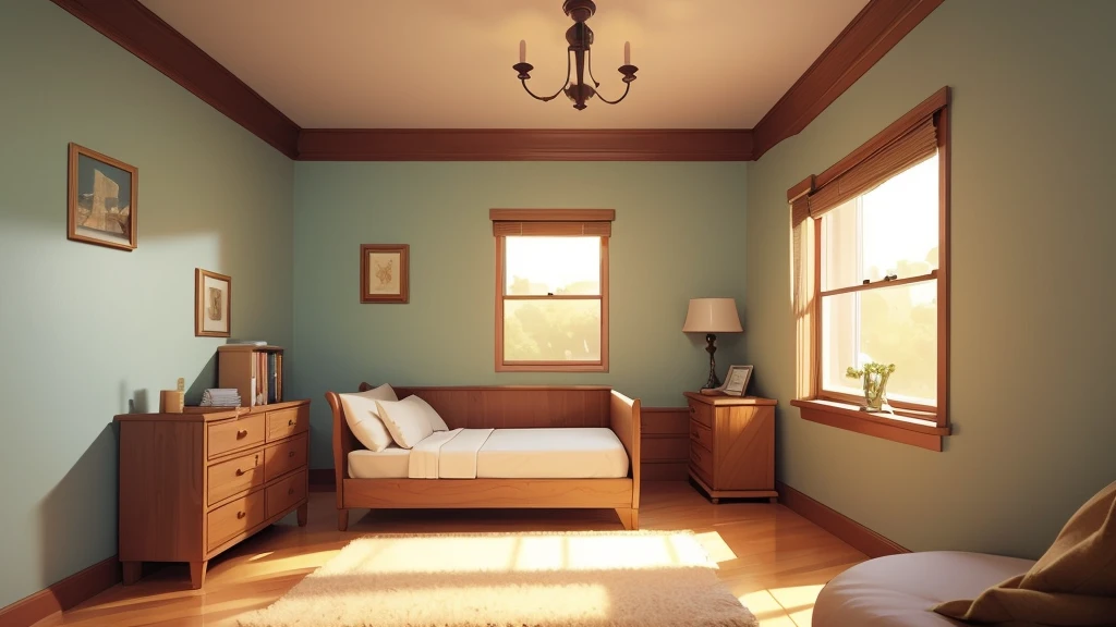 A small, boring, neatly organized bedroom with beige walls. A boring neatly made bed with perfectly smoothed covers and a meticulously fluffed pillow. The scene should be serene but monotonous, with a hint of the outside world through a window.
