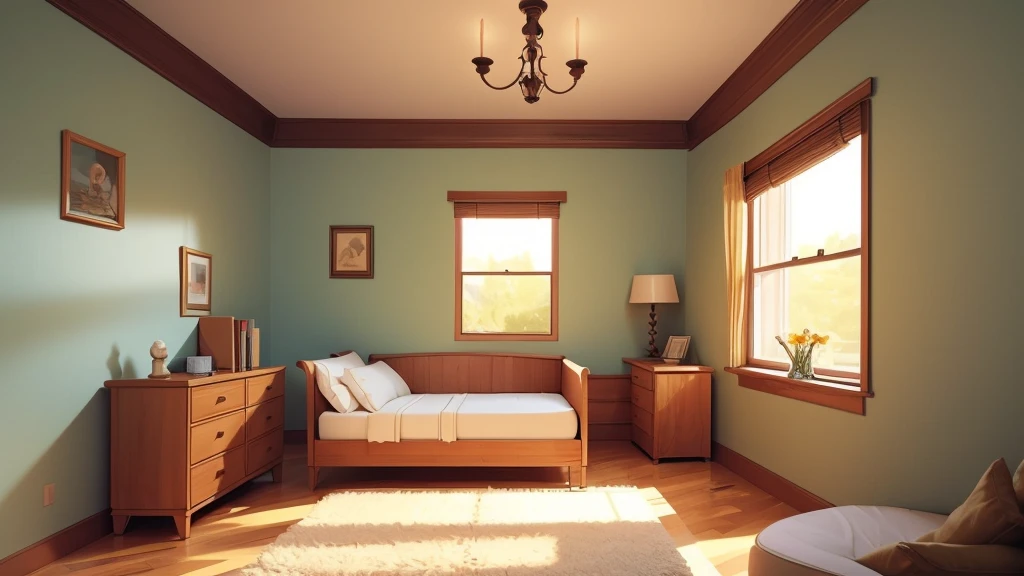 A small, boring, neatly organized bedroom with beige walls. A boring neatly made bed with perfectly smoothed covers and a meticulously fluffed pillow. The scene should be serene but monotonous, with a hint of the outside world through a window.