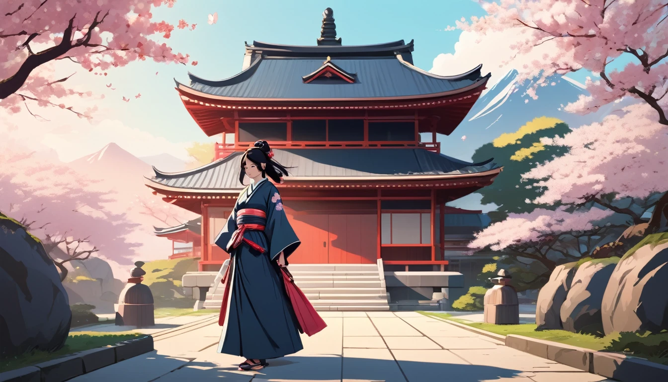 Female samurai,Japanese temple with cherry blossoms in the background、 Wide-angle lens, Lofi Anime, Lofi illustration, Aesthetic atmosphere, Lo-Fi Style, Vector art, Flat Design, Simple shape, Warm tones, Pleasant atmosphere, Chill, In anime style, Digital drawing, Vector art, Vector logo for t-shirt printing, (Adorable:1.5), (small:1.4), (Playful:1.2), (soft:1.3), (Whimsical:1.1), masterpiece, Highest quality, 8k, Intricate details, grow, Celestial, Mysterious, Picturesque, amazing, Majestic, Magic, Fantasy art, Cover art, dream-like