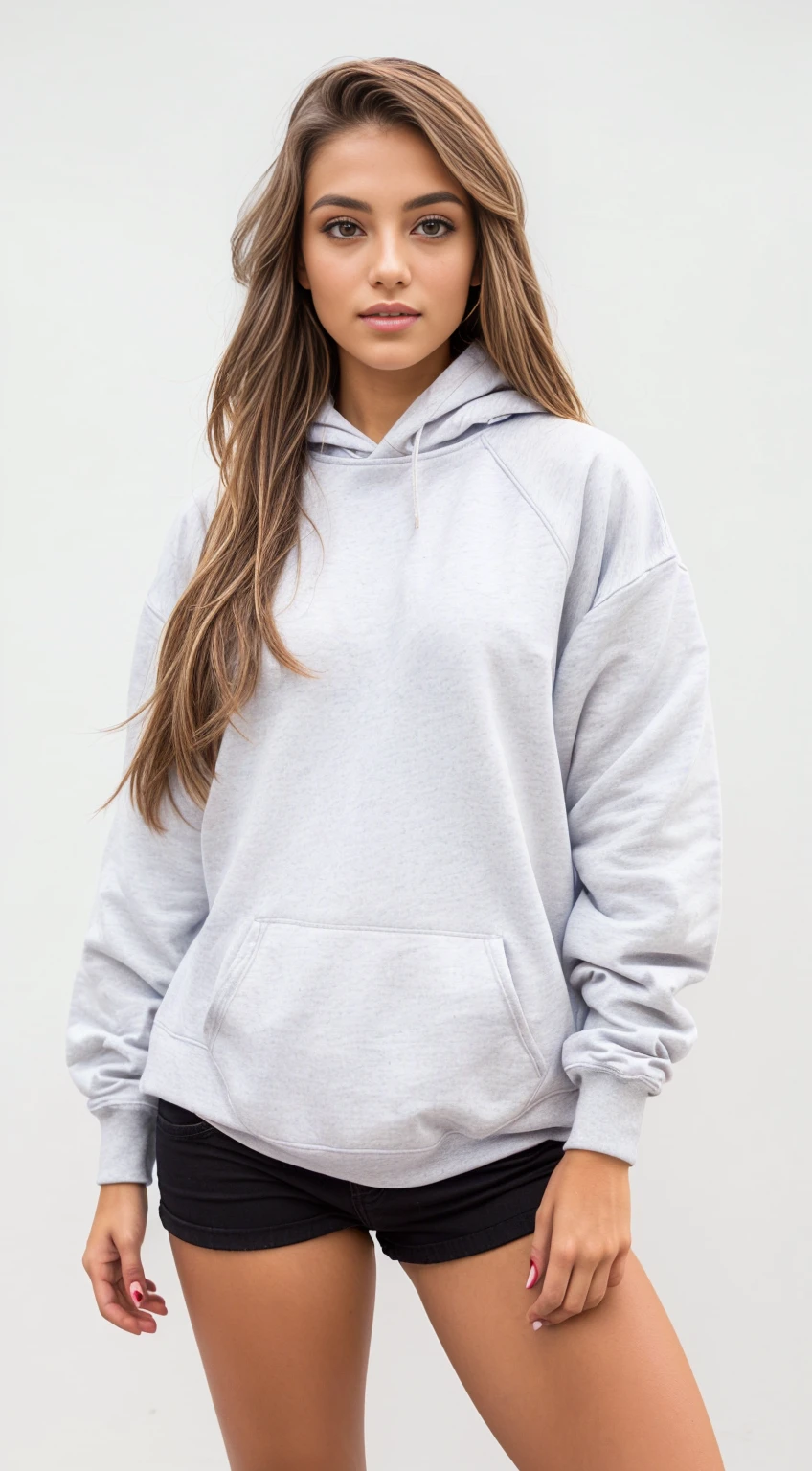 a woman in a cinza capuz e shorts muito curto poses for a picture, wearing an superdimensionado capuz, superdimensionado capuz, cinza capuz, wearing capuz, wearing a cinza encapuzado sweatshirt, capuz, wearing a capuz, gray capuz, um casaco com capuz, wearing a um casaco com capuz, girl wearing capuz, superdimensionado, vestindo moletom, light cinza, cinza, Roupa casual, in a capuz, cinza capuz opened, encapuzado