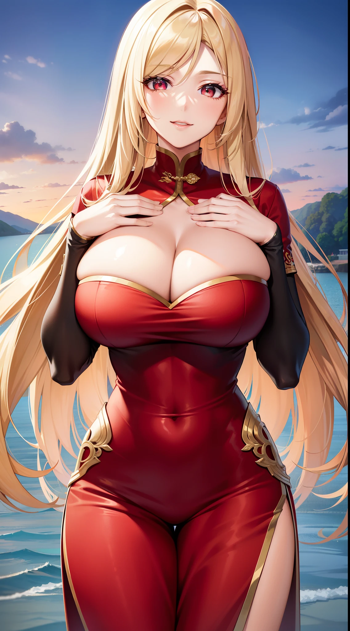 (Art: 1.2), (best quality: 1.2) 1 woman, , tall (1.85), She appeared to be around 28 years old, had long golden hair, straight and shiny hair, blood red eyes, extremely detailed, perfect eyes , extremely realistic eyes, well-aligned eyes, long eyelashes, anime style, perfect face, milf f full lips, smiling, mature, clin, natural body, sexy body, MILF y, hands onst, perfect hands, detailed hands, hands well proportioned to the body, realistic hands, arms with good anatomy, she wore an immortal Chinese oriental style golden dress, the dress still couldn't hide her extremely large and huge breasts that were hangi due to her size, thick thighs, wide hips, Looking at the viewer, background scenery, scenery at a Chinese viewpoint on the edge of a lake, in the background posing the setting sun, alone Looking at the viewer