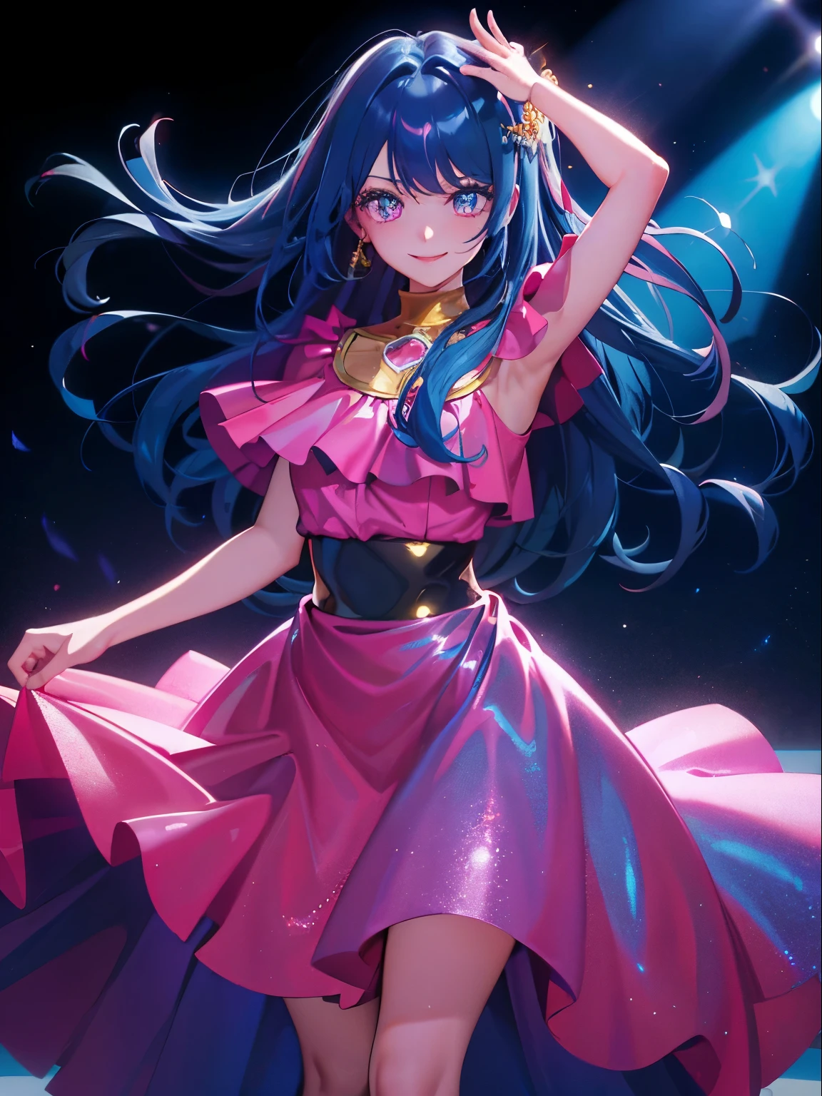 High quality picture, masterpiece, 4k, beautiful woman, long shiny blue hair, hair dancing in the wind, guessing girl, pink shiny dress, wearing lots of metal accessories on her waist, heavy make-up, singing on stage, spotlight reflecting on her costume, smiling face.