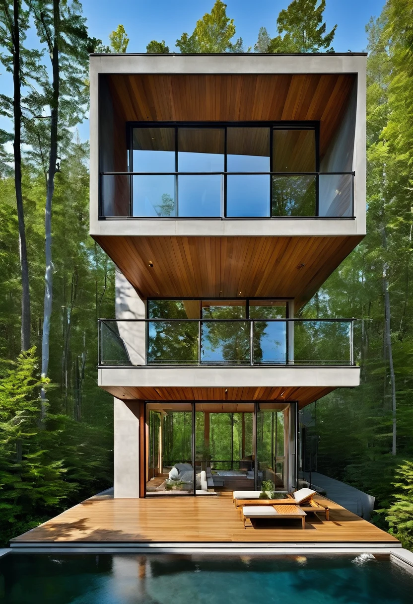 Imagine a contemporary home, where steel, wood and light gray concrete harmonize perfectly. Brise-brise style windows, allowing natural light to dance through the space while maintaining privacy. From the spacious deck, the view opens up to a large, serene lake, reflecting the blue sky and surrounding trees. It's a spring afternoon, the gentle breeze carries the scent of flowers and the peaceful sound of water. The space is welcoming and relaxing, ideal for enjoying a good book or a coffee, in complete harmony with nature. Photography, Hyperrealism style