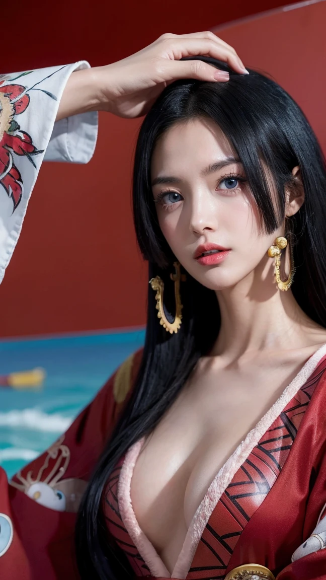 a person with long hair, red kimono, boa hancock, boa hancock from anime one piece, as an anime character, perfect anime face, she has black hair with bangs, female anime character, anime character, anime best girl, hime cut hairstyle, black hair, (red glossy lips:1.3), blue eyes, smile, sea background, (beautiful face:1.3)