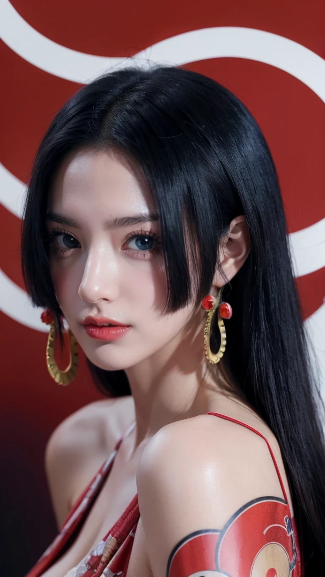 a person with long hair, red kimono, boa hancock, boa hancock from anime one piece, as an anime character, perfect anime face, she has black hair with bangs, female anime character, anime character, anime best girl, hime cut hairstyle, black hair, (red glossy lips:1.3), blue eyes, smile, sea background, (beautiful face:1.3)