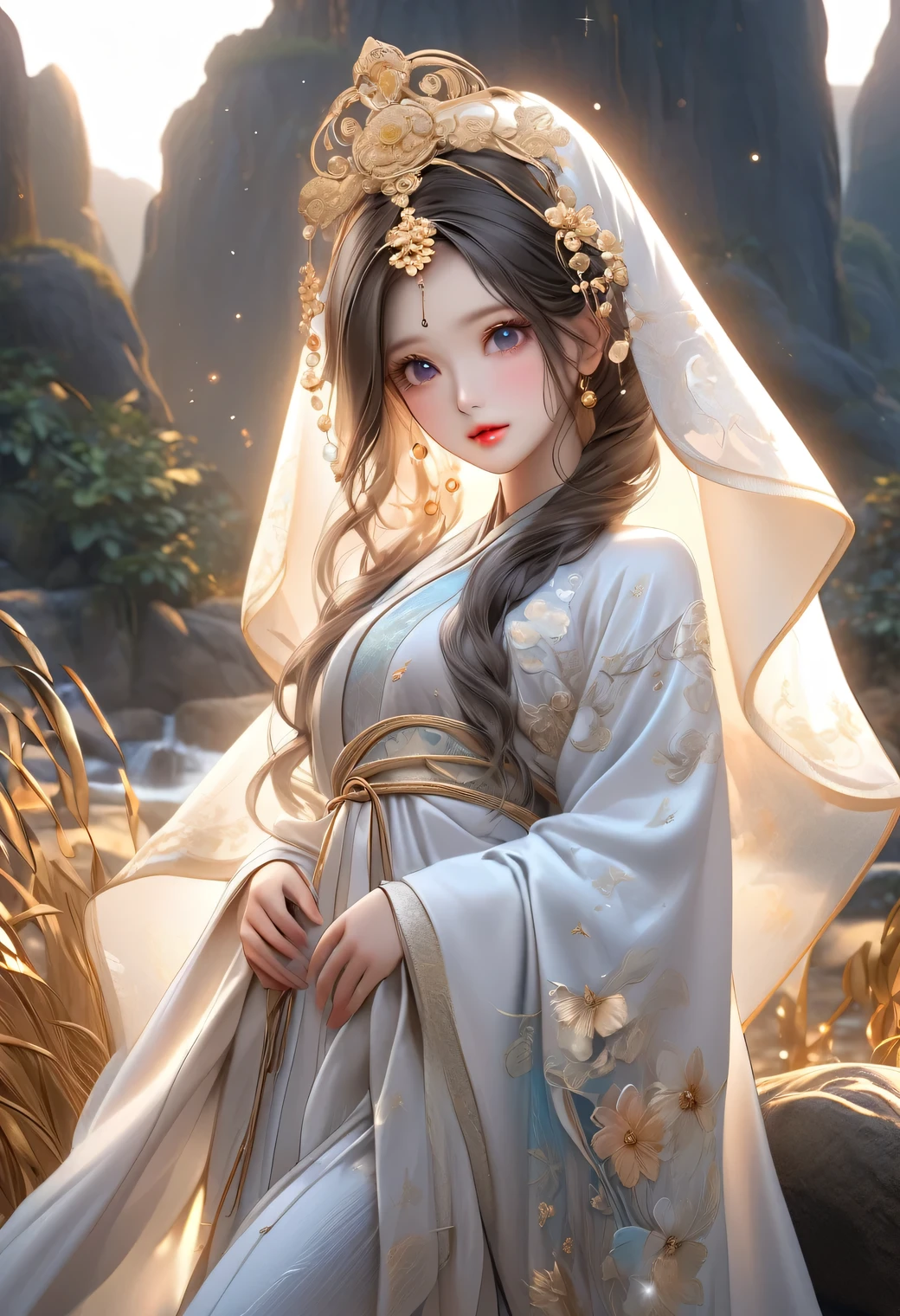 Fantasic Illustration, Masterpiece: 1.2, Highest Quality, Highres, 16k, Beautiful Detailed, Ultra-Realistic, Photo Realistic: 1.37, a beautiful and cute celestial maiden with hanfu robes and veil, detailed whole-body, beautiful detailed eyes, beautiful detailed lips, extremely detailed face, long eyelashes, flowing hair, elegant pose, fantasy shangri-la landscape background, glowing light, soft warm colors, cinematic lighting, intricate details, digital art, active posing