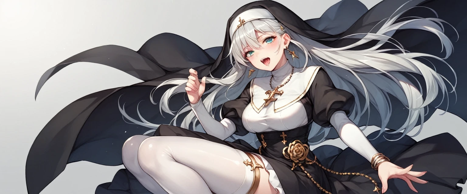 Character (white long hair) (lots of accessories and exaggerated silver jewelry) (nun manga-style clothing) (character in dynamic pose)