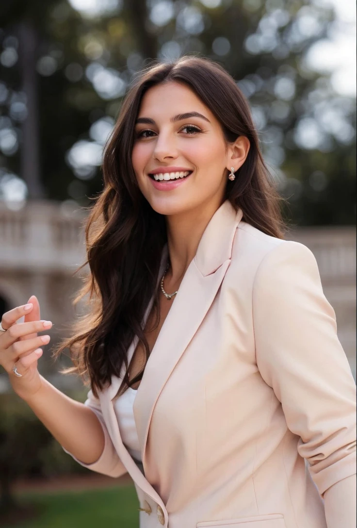 full hd 4k realistic image, “Create a beautiful, realistic woman with straight brown hair, deep brown eyes and smooth white skin, an Italian woman. Her face has delicate features and is smiling, radiant, with a smile. She dresses in a sophisticated way, pink blazer