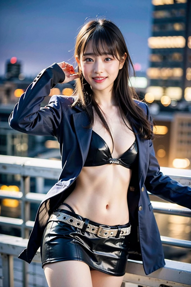 (8k、RAW Photos、highest quality、masterpiece:1.2)、(Realistic、Realistic)、1 girl、、Large Breasts、smile、Medium Hair、Half twin tail hair、Lots of eyelashes、Glowing eyelids, lipstick, outdoors, rooftop, cityscape, building, railing, night, night sky, scenery, moon, city lights, blush, lipstick, gloves,  masterpiece, best quality, highly detailed, a girls with a gun, open mouth, blazer, sexy gaze, (nsfw) not safe for work, badass pose , evil smile, smile, black bra,  navel, evil expression, exposed belly, exposed navel, exposed midriff, exposed lower belly, micro miniskirt, micro pencil skirt, pencil skirt ,holding a gun, navel piercing, 