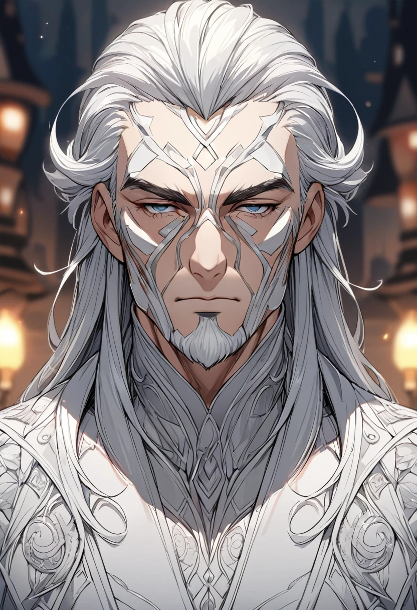 best quality, high quality,ulutra detailed,16k,line art,hard-edged,expressionless,deep detailed eyes,white hair,(thirties man:1.5),wizard,white hair,expressionless,deep detailed eyes,blurry background