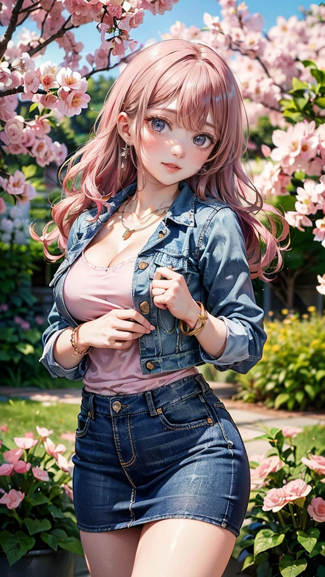 (Masterpiece, BestQuality:1.3), (ultra detailed:1.2), (hyperrealistic:1.3), (RAW photo:1.2), High detail RAW color photo, professional photograph, (Photorealistic:1.4), (realistic:1.4), professional lighting, perfect anatomy, (Big Breasts:1.2), (blush, detailed face), (cheerful Smile:1.5), Trending Hair&Trending Hairカラーをランダムに, earrings, necklace, bracelet, sexy, erotic sexy, Random sexy gravure poses, (Beautiful woman wearing a blue denim jacket and skirt。The background is a spring garden。The expression is a shy smile。Her hairstyle is medium wavy and pink.。The pose is gazing at the flowers。:1.3)