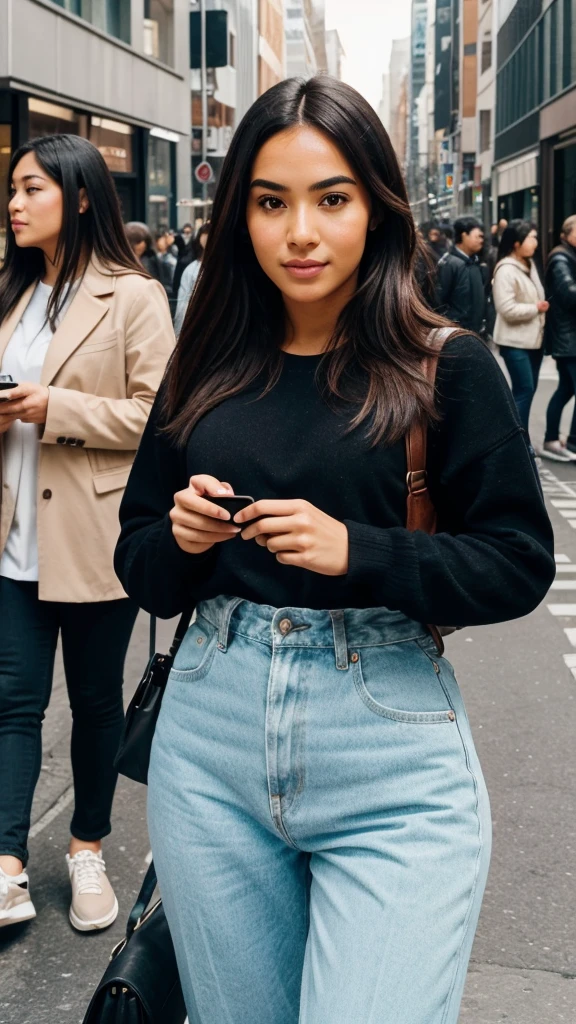 high-quality image of a busy city street filled with a diverse crowd. In the center, depict a person whose head is replaced with the Instagram logo styled as a face, seamlessly integrated and proportionate to the body. The scene should capture the essence of urban life with people of various ages and ethnicities, some engaged with their phones, taking pictures, or pointing towards the central figure. The Instagram logo-face should maintain its iconic color gradient and camera element, subtly incorporating facial features. The lighting should be natural daylight, with realistic shadows and highlights, conveying the modern influence of social media in everyday life