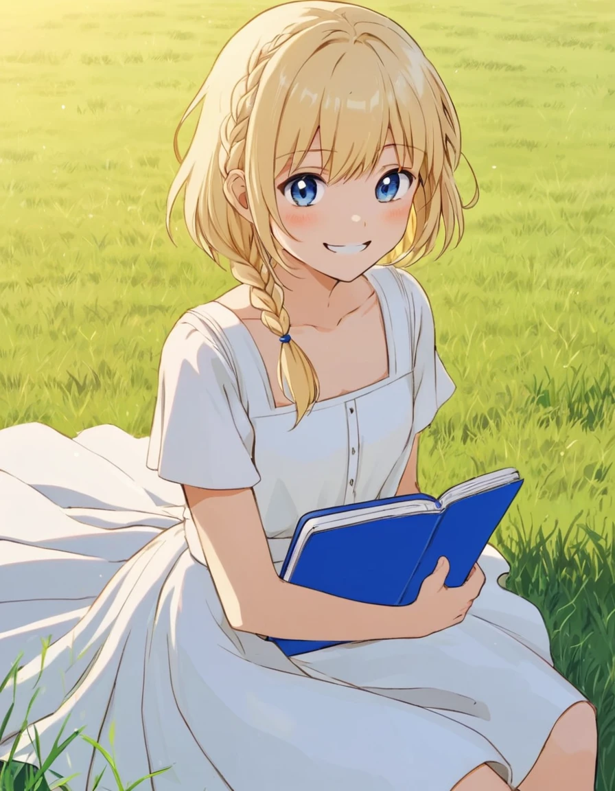 Beautiful, Humble, Kind, fox boy medium length hair upper waist Stright Braided Hairstyles, bright blonde Hairs, holding blue notebook, white dress flowing with skirt, sit on front stand blank Canva grass front, happy face, Open grassland background in the morning. Anime style, vivid colours.