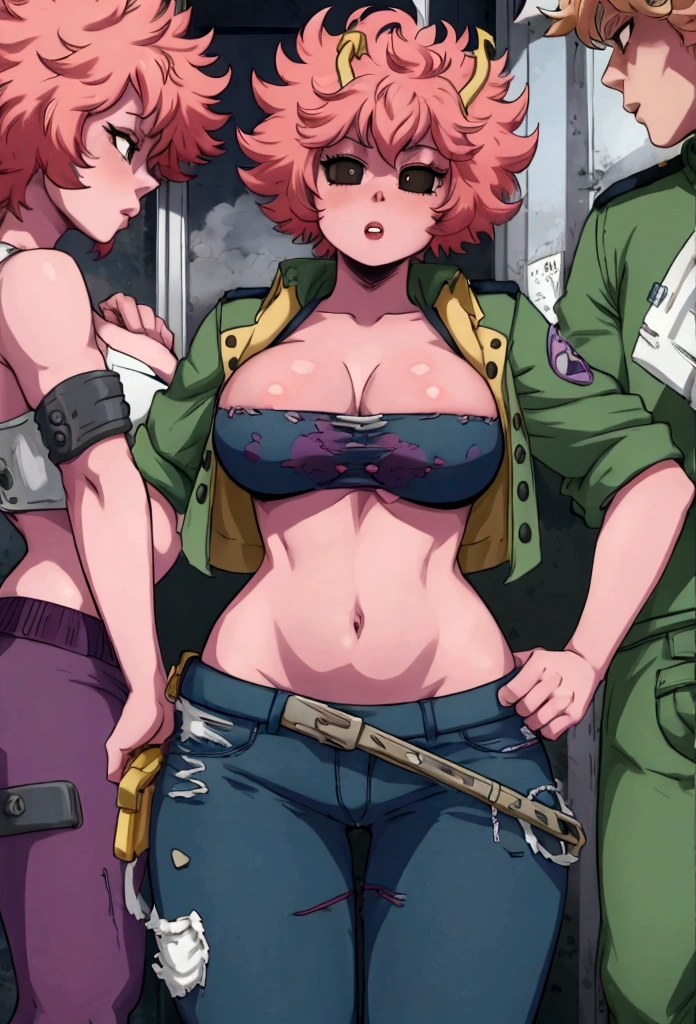 Mina ashido, hero clothe, big thigs, marked body, scene post apocalyptic, pant pull down