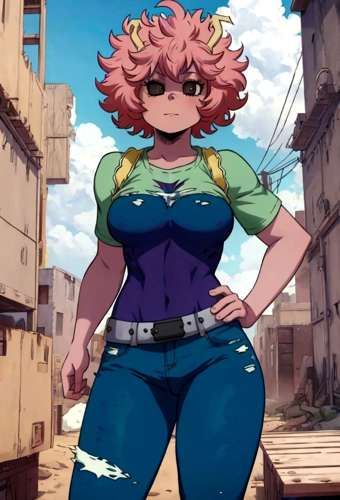 Mina ashido, hero clothe, big thigs, marked body, scene post apocalyptic, pant pull down