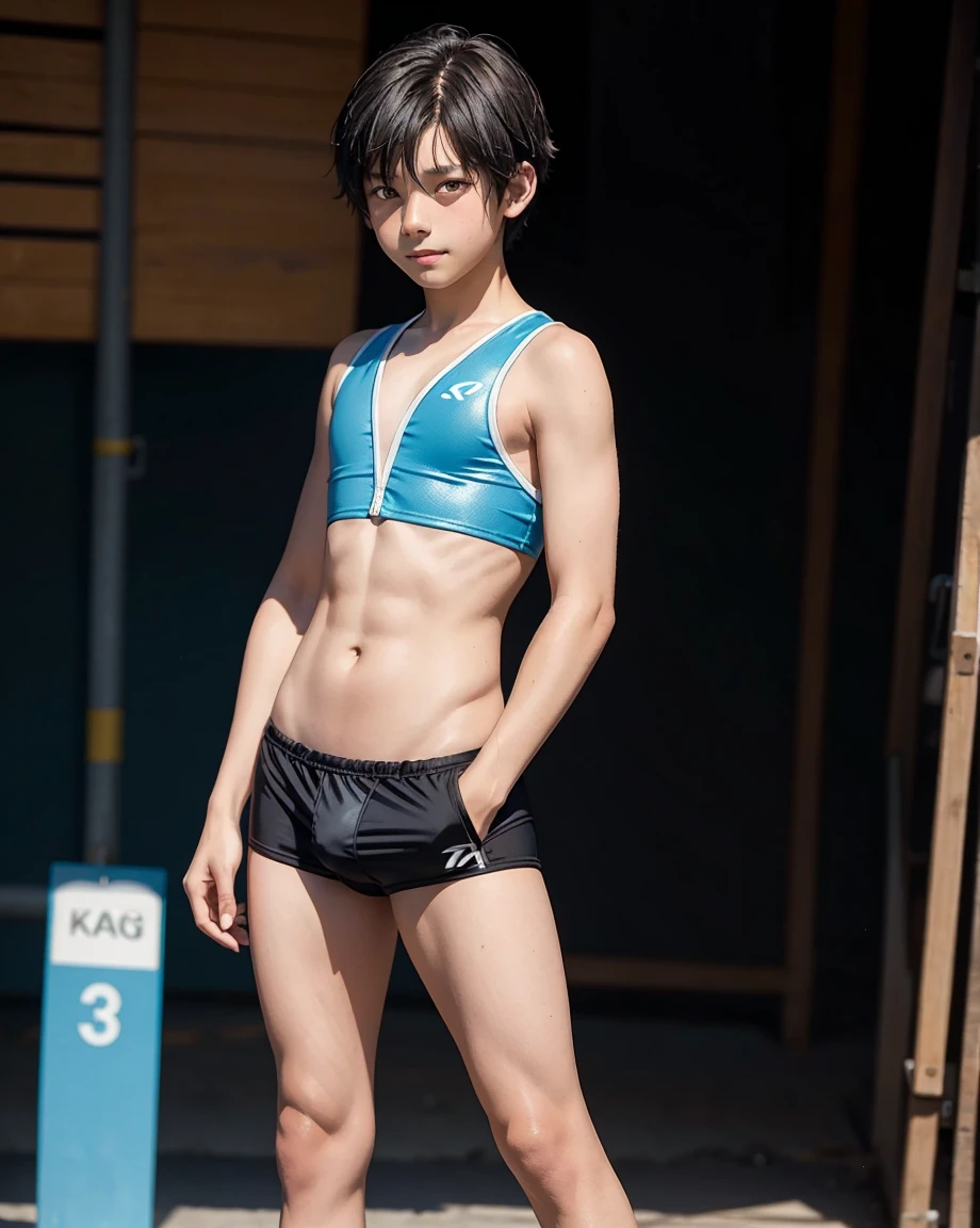 Young 13-year-old boy with black hair and brown eyes, innocent and happy, dressed in short neon-blue speedo, fullbody; short hair, boyish athletic, sexy