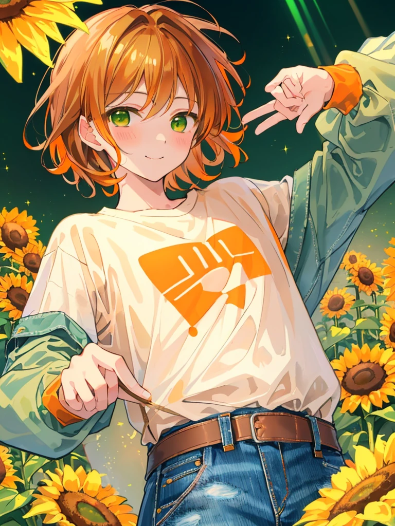 masterpiece、Highest quality、Super detailed、Very delicate、solo、One boy、1 male、(Orange brown hair:1.25),(Fluffy hair:1.2),(short hair:1.2),(Center parted bangs),sunflower,(Green Eyes:1.4),(blush)、smile,(Long sleeve shirt:1.25),(denim:1.35),