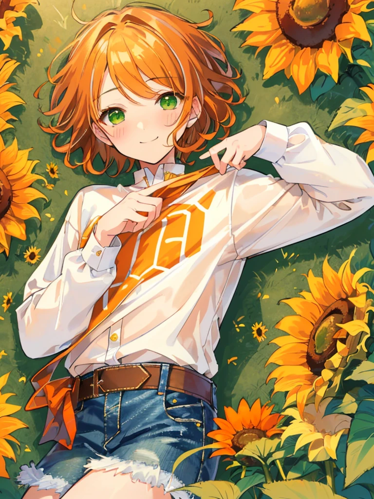 masterpiece、Highest quality、Super detailed、Very delicate、solo、One boy、1 male、(Orange brown hair:1.25),(Fluffy hair:1.2),(short hair:1.2),(Center parted bangs),sunflower,(Green Eyes:1.4),(blush)、smile,(Long sleeve shirt:1.25),(denim:1.35),