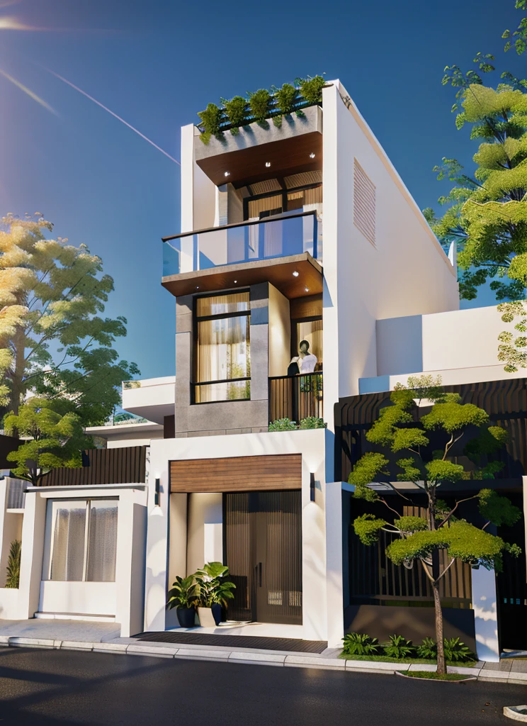 a render vray of a tall townhouse, (roof slat wooden detail:1.1), (white wall:1.2), modern exterior, with a plant on the top of it, frontview, elevation view, front-view, front elevation view, mid-view, modern lush condo as shopfront, front perspective, complete house, front view, overall architectural design, street elevation, 3/4 view from below, The ambient lighting highlights the textures and details, creating a stock photo-like atmosphere, best quality, (((Best Quality: 1.1))), ((Super Detail: 1.1))(straight strokedetail:1.3), (Intricate lines:1.1), ((Photorealism:1.1)),(((hyper detail:1.1))), archdaily, award winning design, (dynamic light:1.5), (day light:1), (perfect light:1.5), (shimering light :1.5), refection glass windows, trees, beautiful sky, photorealistic, FKAA, TXAA, RTX, SSAO, Post Processing, Post-Production, CGI, VFX, SFX, Full color,((Unreal Engine 5)), Canon EOS R5 Camera + Lens RF 45MP full-frame CMOS sensor, HDR, Realistic,8k,((Unreal Engine 5)), Cinematic intricate detail, extreme detail, science, hyper-detail, FKAA, super detail, super realistic, crazy detail, intricate detail, nice color grading, reflected light on glass, eye-catching wall lights, unreal engine 5, octane render, cinematic, trending on artstation, High-fidelity, Viwvid, Crisp, Sharp, Bright, Stunning, ((Lifelike)), Natural, ((Eye-catching)), Illuminating, Flawless, High-quality,Sharp edge rendering, medium soft lighting, photographic render, detailed archviz