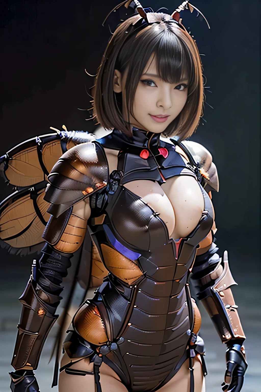 (high resolution,masterpiece,best quality,extremely detailed CG, anime, official art:1.4), realistic, photo, amazing fine details, all intricate, gloss and shiny,awesome many layers, 8k wall paper, 3d, sketch, kawaii, illustration,( solo:1.4), perfect female proportion,villainess, (fusion of dark brown cockroach and lady:1.4), (brown cockroach form lady:1.2), (brown cockroach lady:1.2), (fusion:1.2), (solo:1.4), (evil smile:1.2), muscular, abs, (cockroach brown exoskeleton bio insect suit:1.4), (cockroach brown exoskeleton bio insect armor:1.2), (brown transparency cockroach wing:1.4), (brown cockroach antennae:1.3),