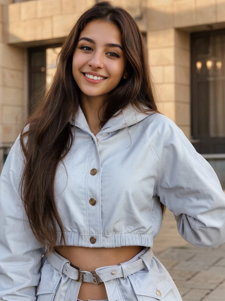 one cute women, 20YO, white, Arab, cute face, realistic brown eyes, blue jacket, brown hair, cute smile, skinny face, white realistic teethes, big eyes, long hair